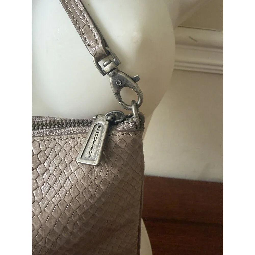 Rebecca Minkoff 3-Zip Crossbody Bag Taupe Grey Snake Embossed Leather Fringe